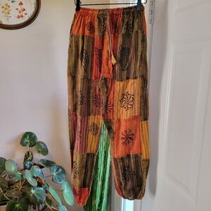 Patchwork 100% Cotton Bohemian Orange/Green Harem Joggers With Pockets, Size M